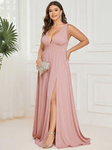 ever SORAYA|V-Neck High Slit Empire Waist Evening Dress(Final Sale)