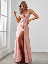 ever SORAYA|V-Neck High Slit Empire Waist Evening Dress(Final Sale)