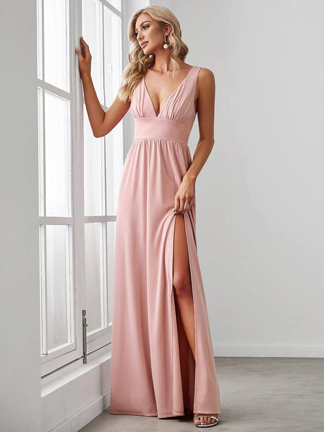 ever SORAYA|V-Neck High Slit Empire Waist Evening Dress(Final Sale)