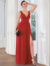 ever SORAYA|V-Neck High Slit Empire Waist Evening Dress(Final Sale)