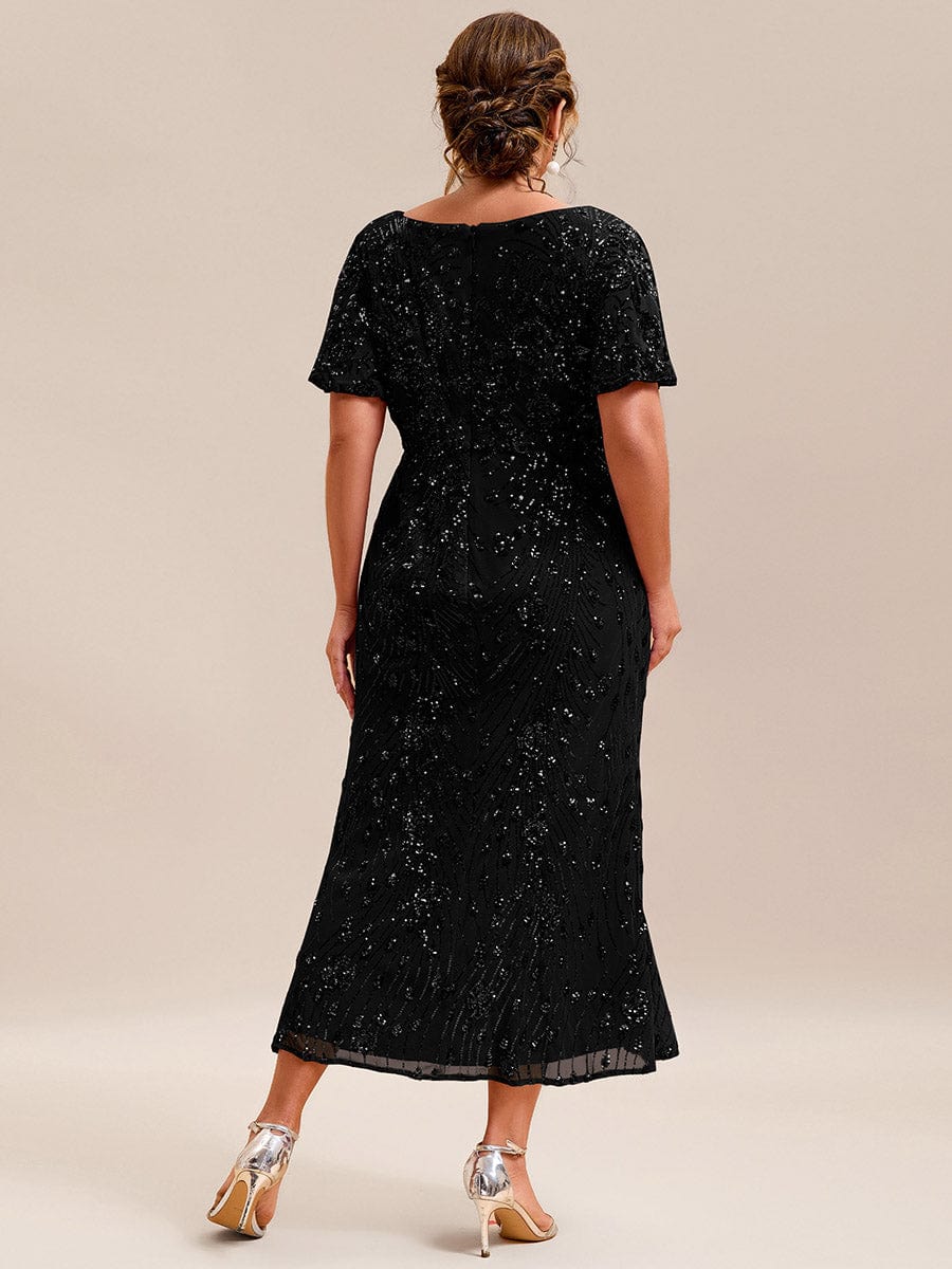 Plus Size Sequin Ruffle Sleeve Evening Dress