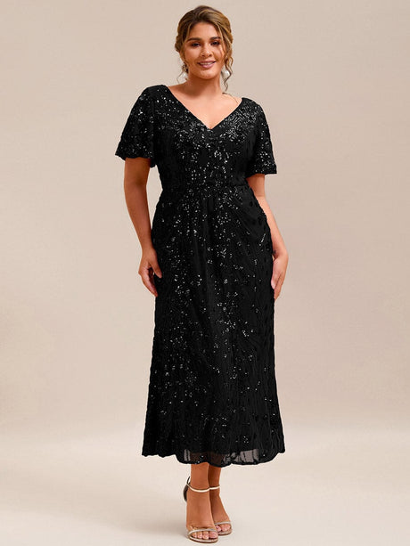 Plus Size Sequin Ruffle Sleeve Evening Dress