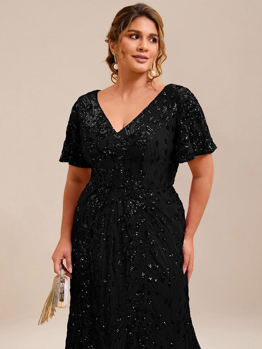 Plus Size Sequin Ruffle Sleeve Evening Dress