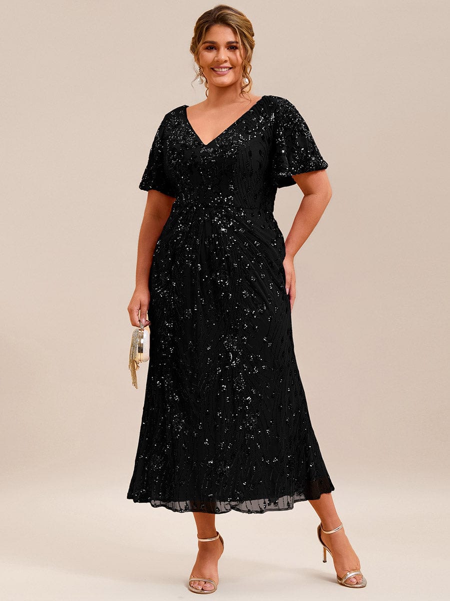 Plus Size Sequin Ruffle Sleeve Evening Dress