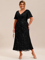 Plus Size Sequin Ruffle Sleeve Evening Dress