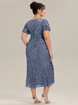 Plus Size Sequin Ruffle Sleeve Evening Dress