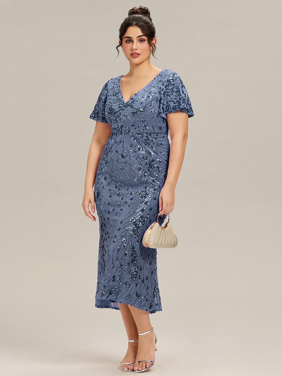 Plus Size Sequin Ruffle Sleeve Evening Dress