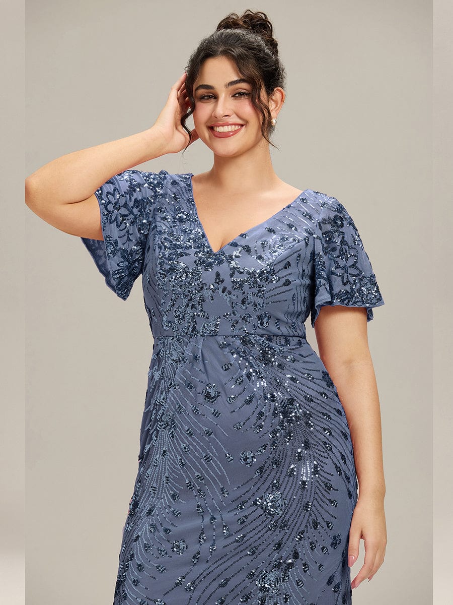 Plus Size Sequin Ruffle Sleeve Evening Dress