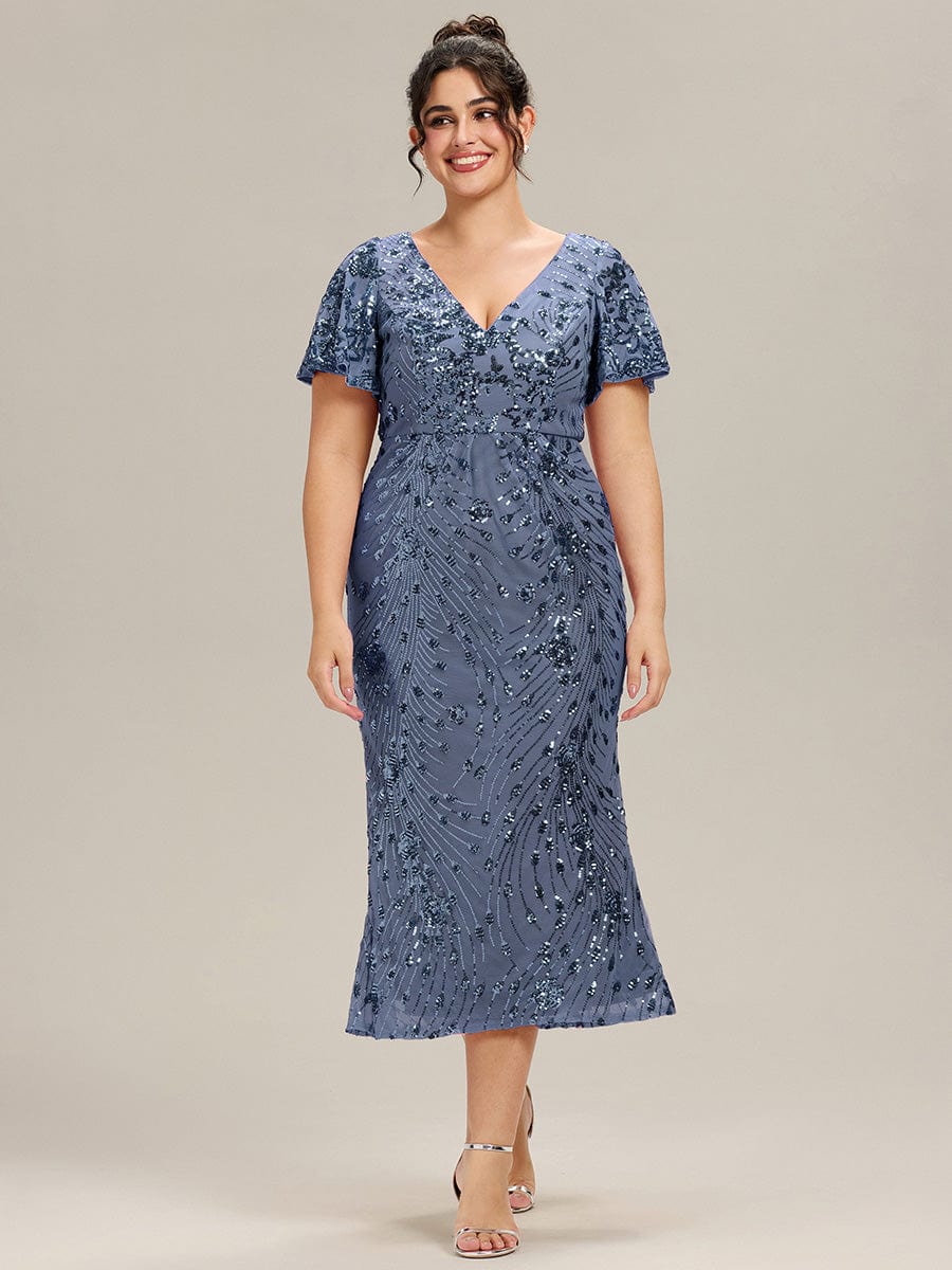 Plus Size Sequin Ruffle Sleeve Evening Dress