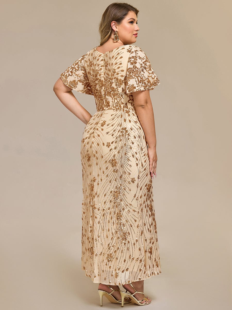 Plus Size Sequin Ruffle Sleeve Evening Dress