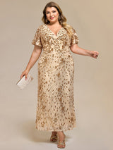 Plus Size Sequin Ruffle Sleeve Evening Dress