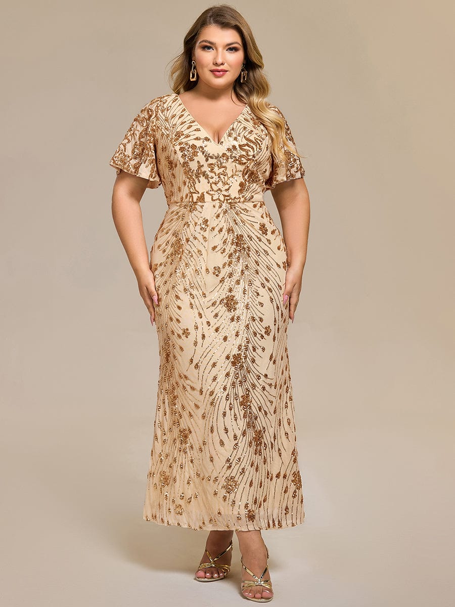 Plus Size Sequin Ruffle Sleeve Evening Dress