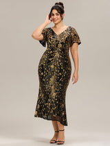 Plus Size Sequin Ruffle Sleeve Evening Dress