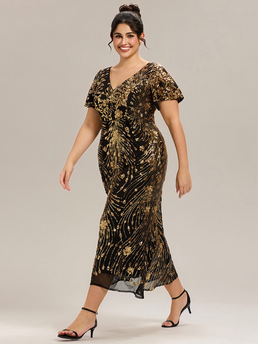 Plus Size Sequin Ruffle Sleeve Evening Dress