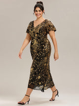 Plus Size Sequin Ruffle Sleeve Evening Dress