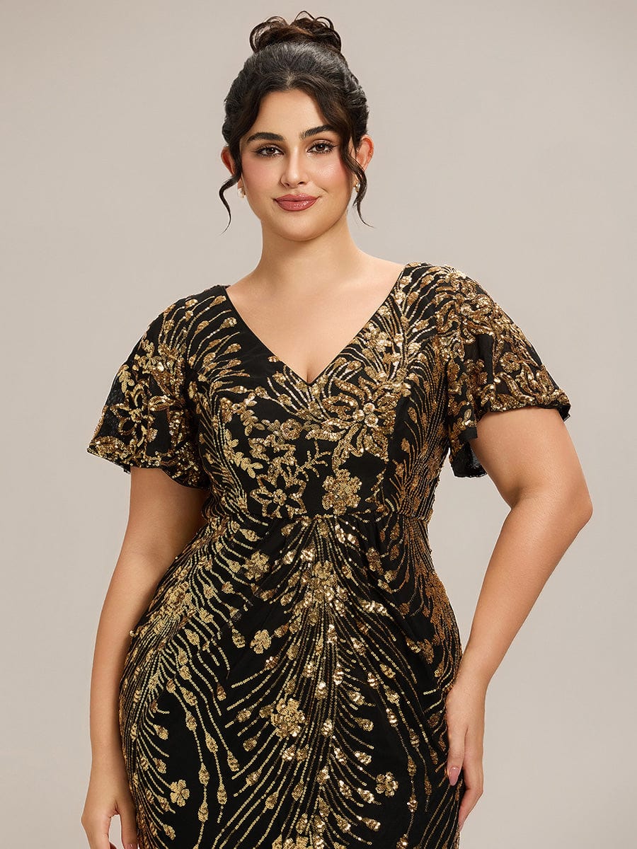 Plus Size Sequin Ruffle Sleeve Evening Dress