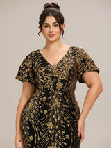 Plus Size Sequin Ruffle Sleeve Evening Dress