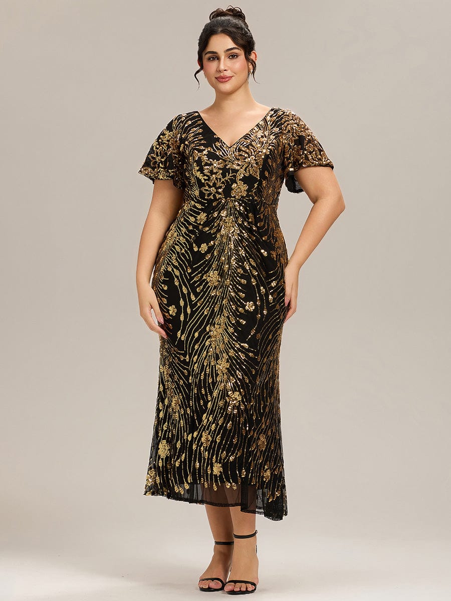 Plus Size Sequin Ruffle Sleeve Evening Dress