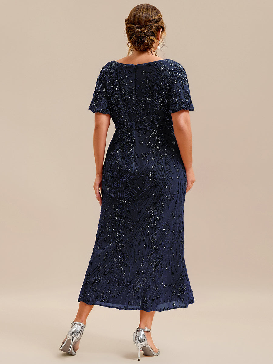 Plus Size Sequin Ruffle Sleeve Evening Dress