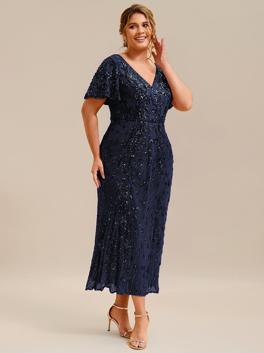 Plus Size Sequin Ruffle Sleeve Evening Dress