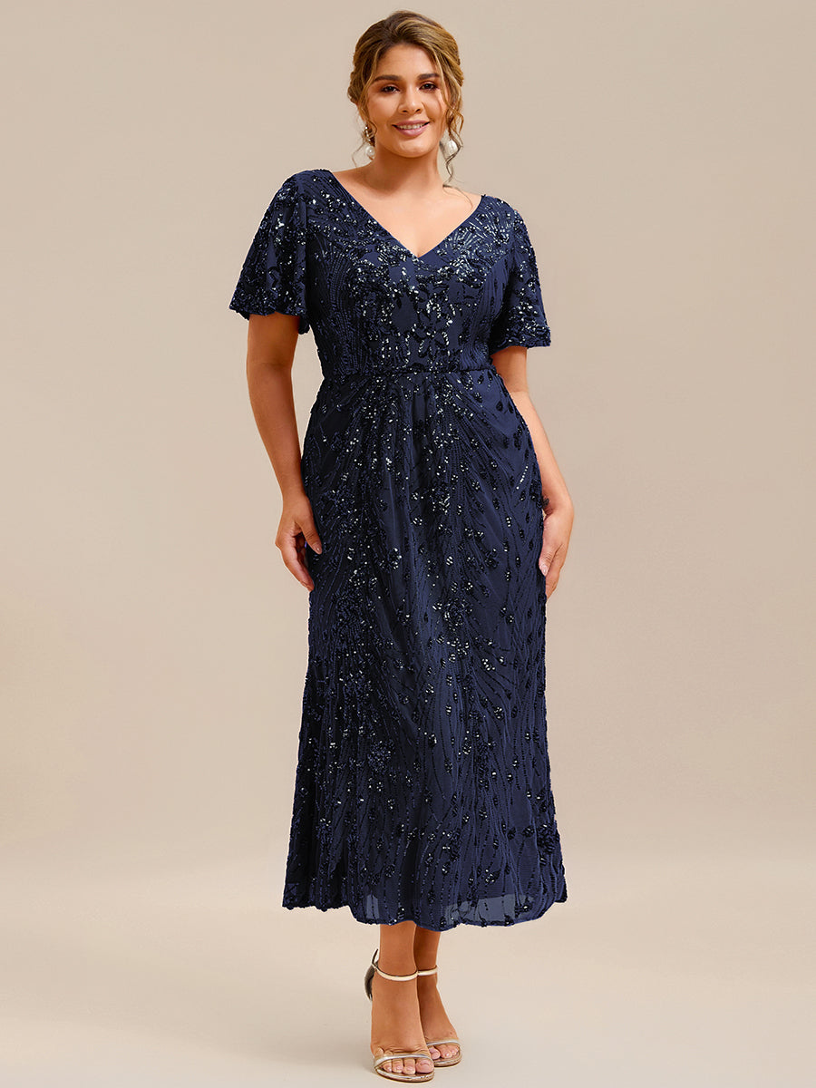 Plus Size Sequin Ruffle Sleeve Evening Dress