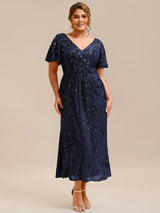 Plus Size Sequin Ruffle Sleeve Evening Dress