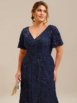 Plus Size Sequin Ruffle Sleeve Evening Dress