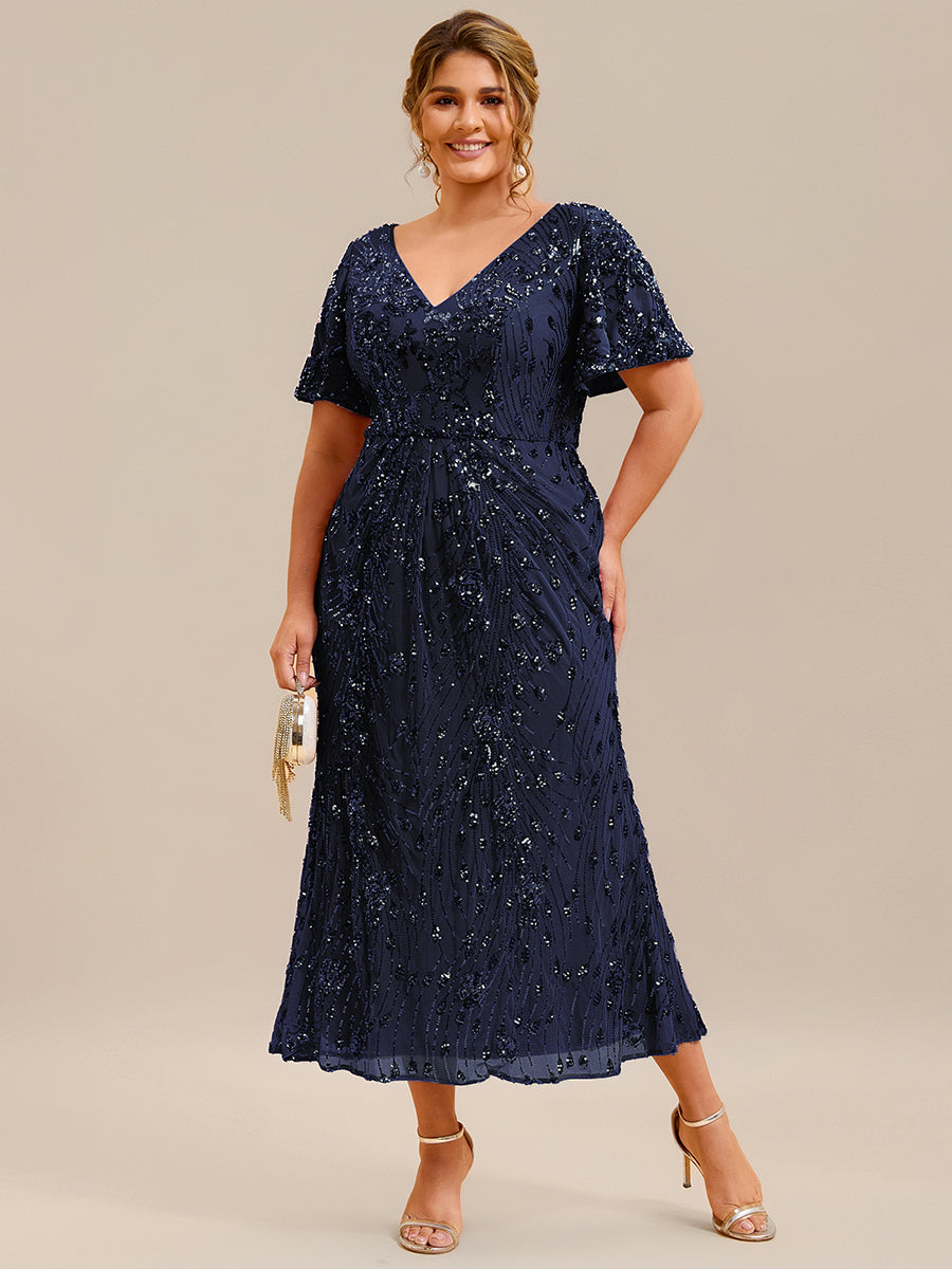 Plus Size Sequin Ruffle Sleeve Evening Dress
