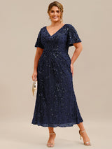 Plus Size Sequin Ruffle Sleeve Evening Dress