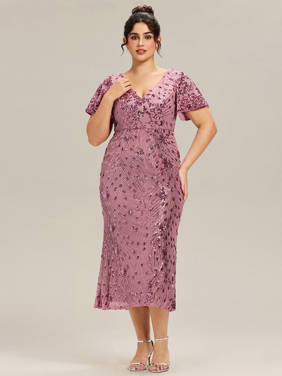 Plus Size Sequin Ruffle Sleeve Evening Dress