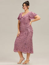 Plus Size Sequin Ruffle Sleeve Evening Dress