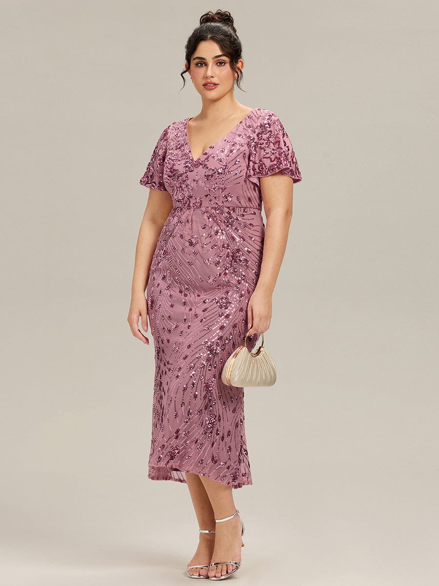 Plus Size Sequin Ruffle Sleeve Evening Dress