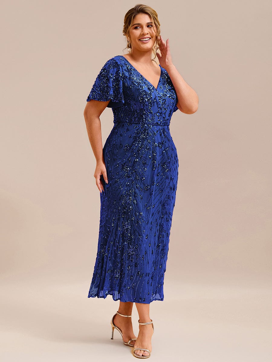 Plus Size Sequin Ruffle Sleeve Evening Dress