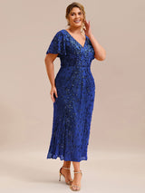 Plus Size Sequin Ruffle Sleeve Evening Dress