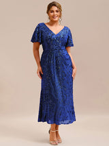 Plus Size Sequin Ruffle Sleeve Evening Dress
