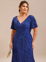 Plus Size Sequin Ruffle Sleeve Evening Dress