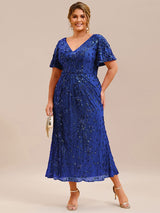 Plus Size Sequin Ruffle Sleeve Evening Dress