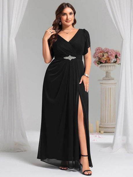 ever NOAH|Rhinestone Embellished Chiffon Ruffle Sleeve Mother of the Bride Dress