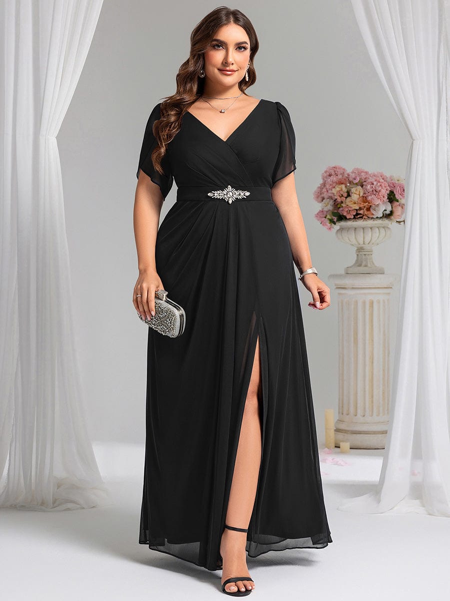 ever NOAH|Rhinestone Embellished Chiffon Ruffle Sleeve Mother of the Bride Dress