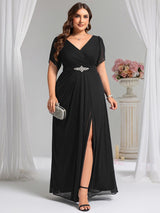 ever NOAH|Rhinestone Embellished Chiffon Ruffle Sleeve Mother of the Bride Dress