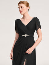 ever NOAH|Rhinestone Embellished Chiffon Ruffle Sleeve Mother of the Bride Dress