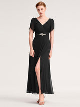 ever NOAH|Rhinestone Embellished Chiffon Ruffle Sleeve Mother of the Bride Dress