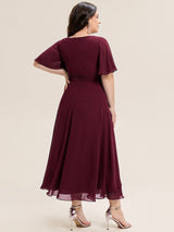 Rhinestone Embellished Chiffon Ruffle Sleeve Evening Dress