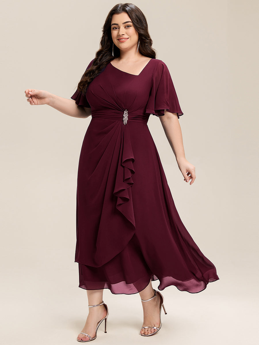 Rhinestone Embellished Chiffon Ruffle Sleeve Evening Dress