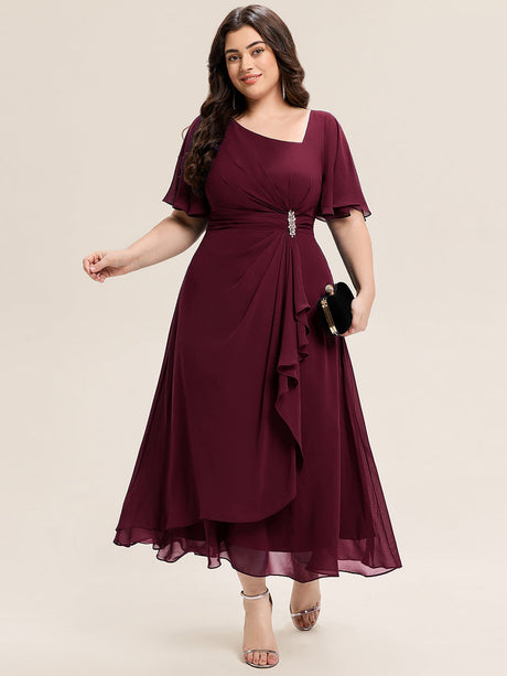 Rhinestone Embellished Chiffon Ruffle Sleeve Evening Dress