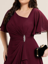 Rhinestone Embellished Chiffon Ruffle Sleeve Mother of the Bride Dress