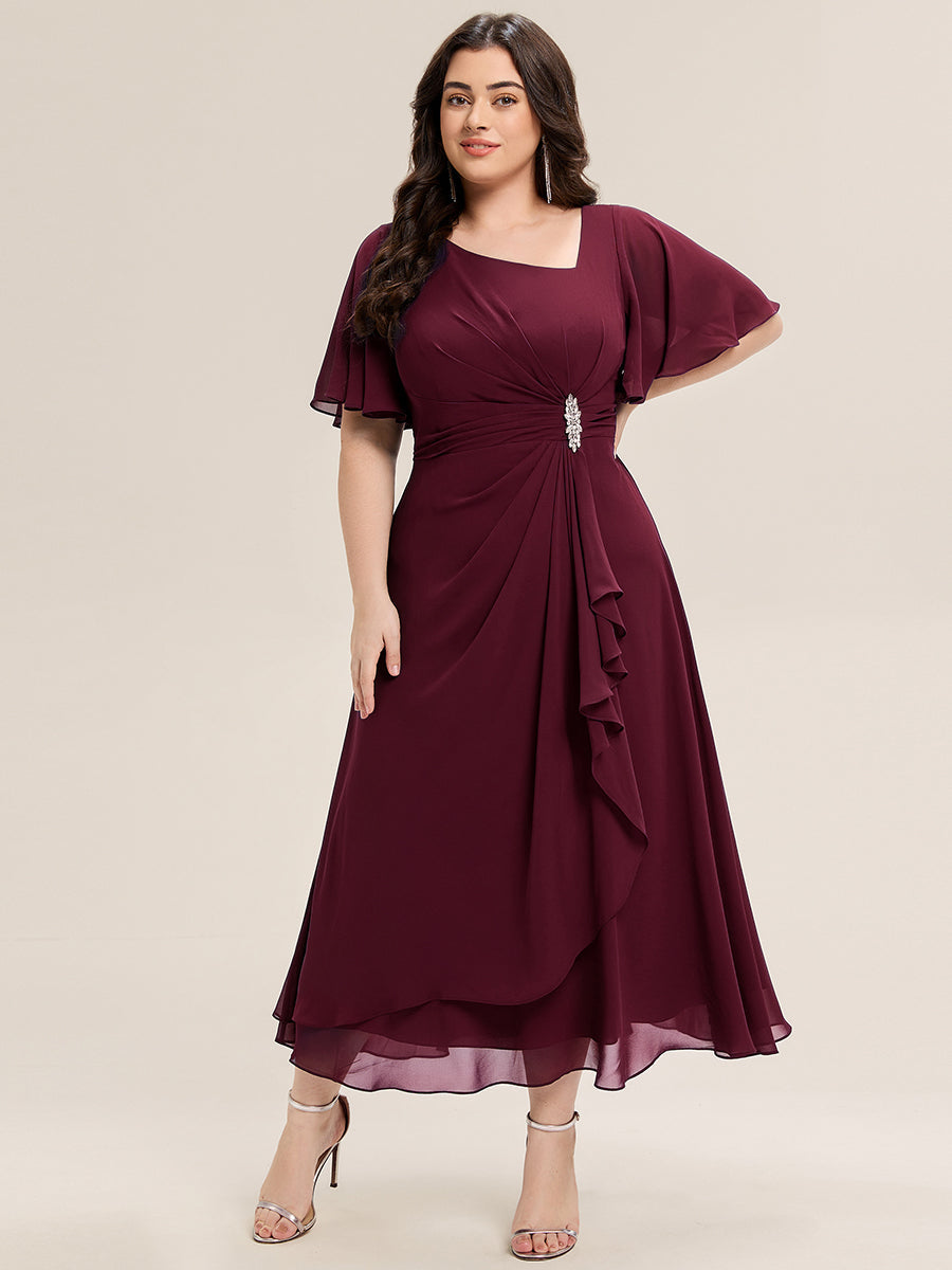 Rhinestone Embellished Chiffon Ruffle Sleeve Evening Dress