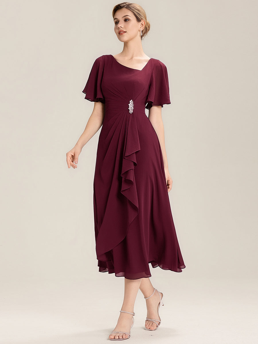 Rhinestone Embellished Chiffon Ruffle Sleeve Mother of the Bride Dress