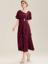 Rhinestone Embellished Chiffon Ruffle Sleeve Evening Dress
