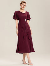 Rhinestone Embellished Chiffon Ruffle Sleeve Evening Dress
